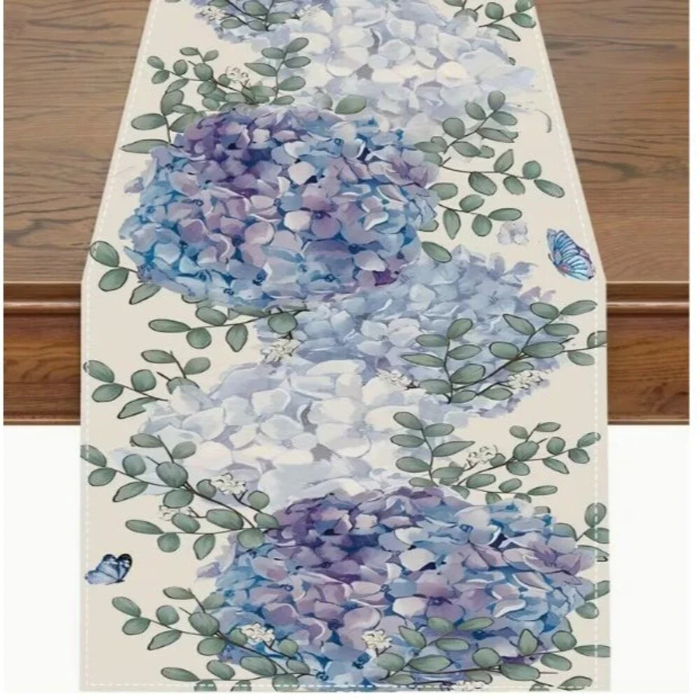 Table Runner 13x72in Woven Polyester Blue Hydrangea Eucalyptus stems Floral